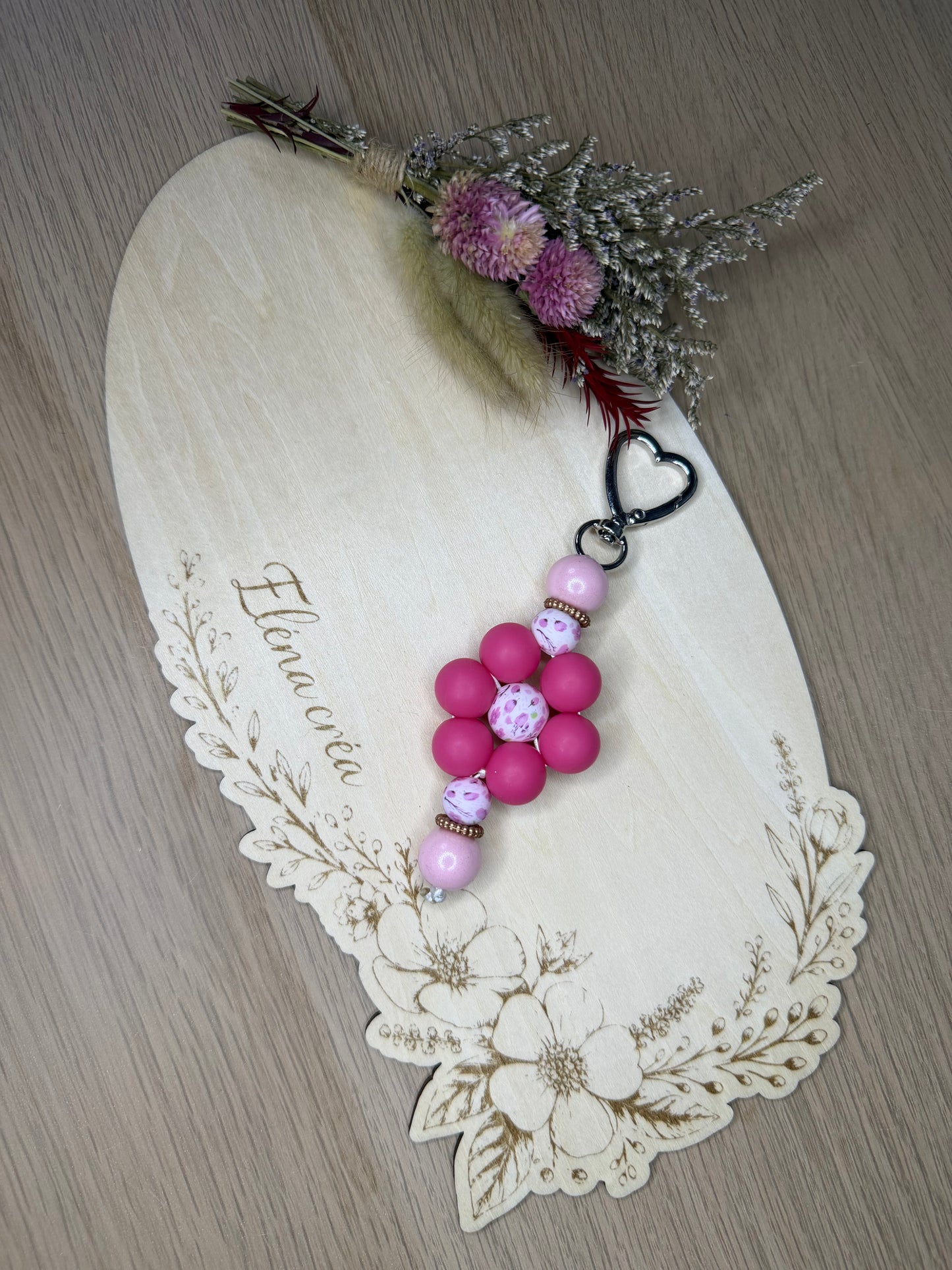 Porte clé fleur rose framboise